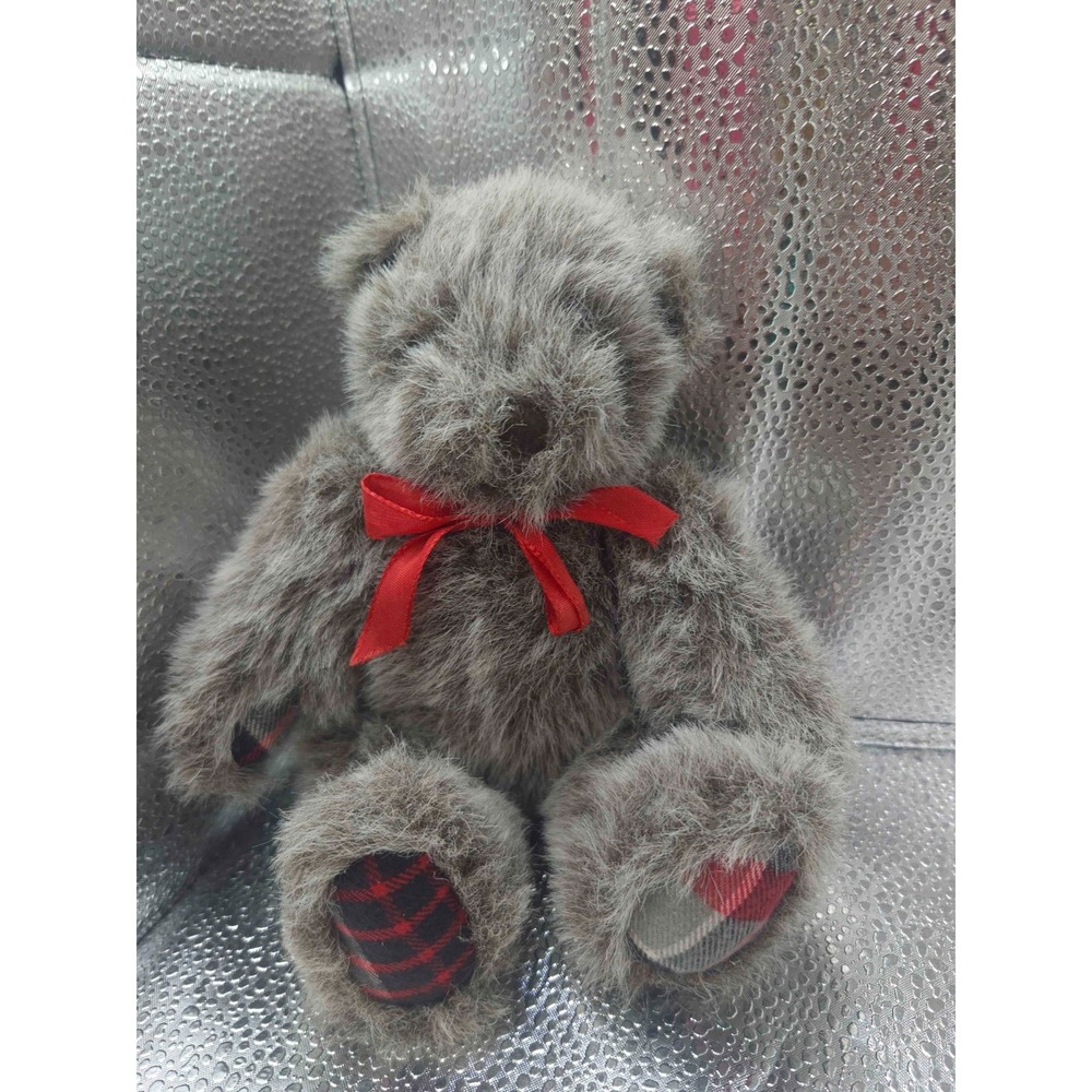 Albert E Price Gray Teddy Bear Plush Red Plaid Feet Bow Jointed Vintage Shaggy